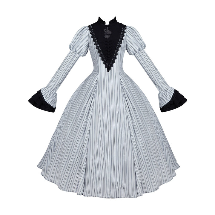 With PUJI~Nocturne SP~Striped Gothic Lolita OP Twin Lolita Dress with Apron (L M S XL) 42192:731210