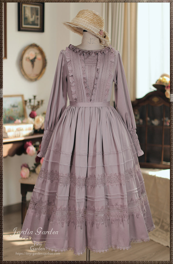 Tiny Garden~Spring Whispers~Elegant Lolita OP Dress French Style Long/Short Sleeve Long sleeve S (long length) Peach pink/smoke purple (Chiffon)