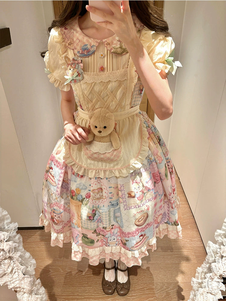 Mewroco~Country Patchwork~Sweet Lolita Dress Set Print OP SK Shirt and Camisole