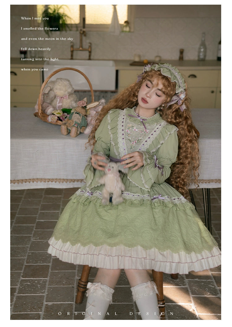 Spireme Cat~Hollow Orchid~Elegant Lolita OP Dress Daily Lo Dress S Hairband(Green) 
