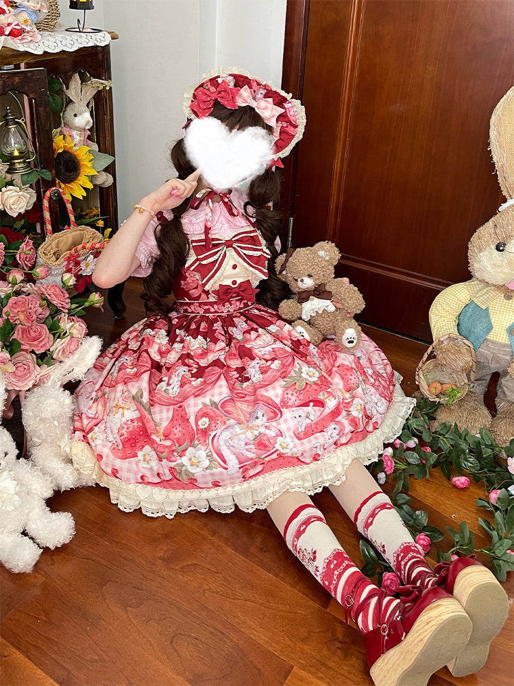 Mewroco~Strawberry Cat~Sweet Lolita Dress Suit JSK and Salopette with Cat Prints