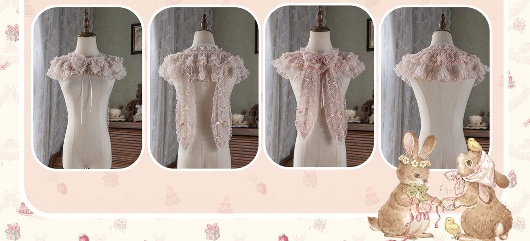 MEEKWIND~Dessert Bunny~Kawaii Lolita Dress Suit Bunny Printed OP and Tiered Ruffle JSK Ivory S Fake collar only