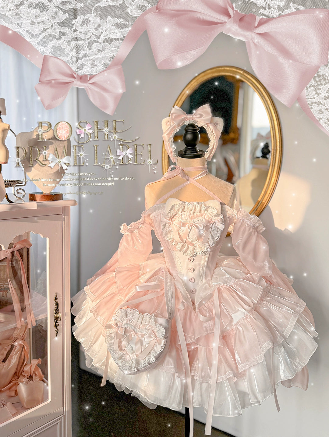 POSHEPOSE~Jewel Box · Button Cat Dream~Gorgeous Princess Lolita Dress Set with KC and Handbag Pink princess dress set XS