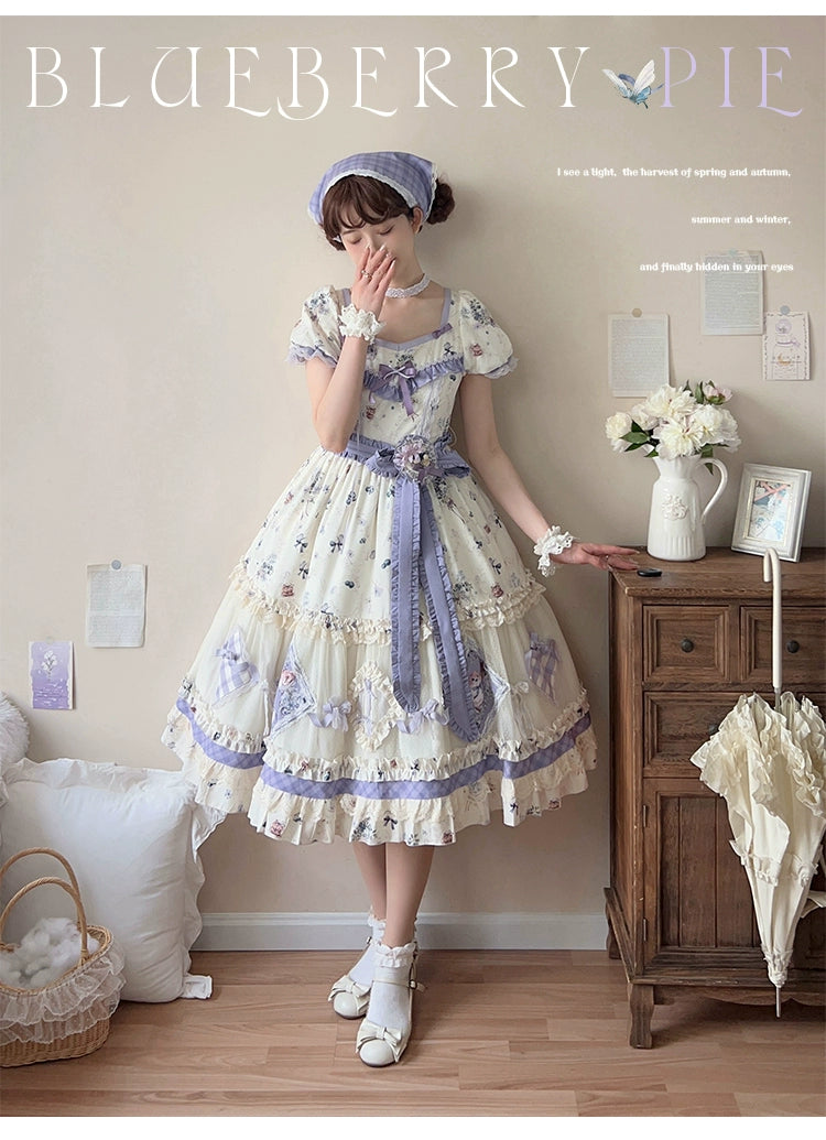 (BFM)Strawberry Fantasia~Blueberry Pie~Country Lolita OP Short Sleeve Floral Printing Dress 37084:550426