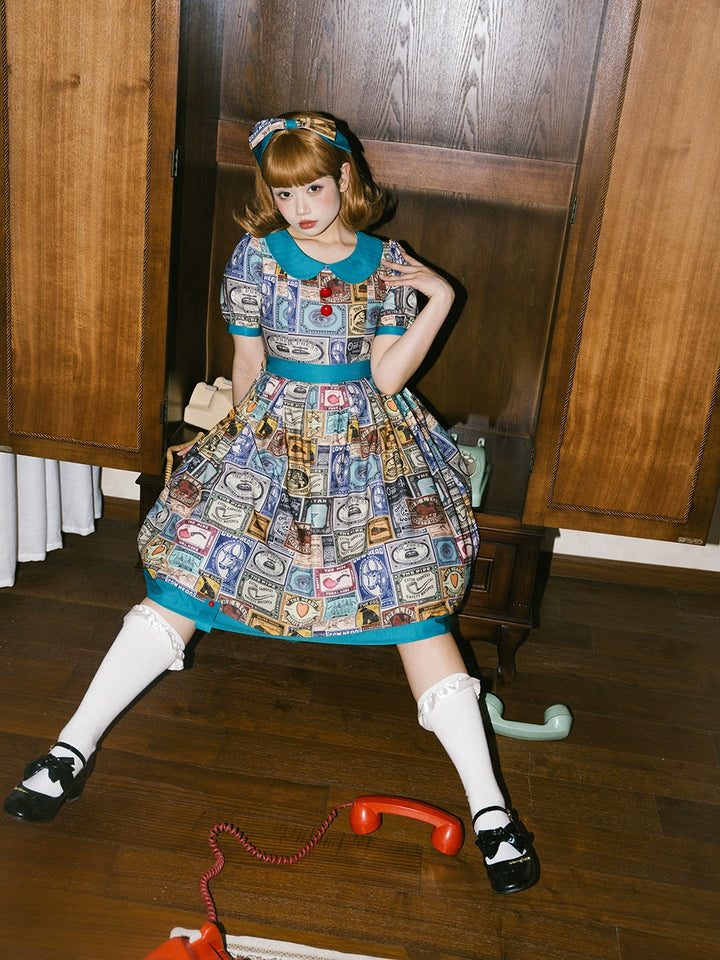 Miss Cube - Antique Label - Retro Lolita OP Dress Short Sleeve Dress