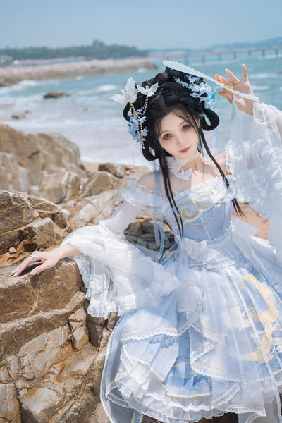 (BFM)Unicorn Wing~Starry Mirror Phoenix~Chinese Style Lolita JSK Dress Set Light Blue Full Set S 