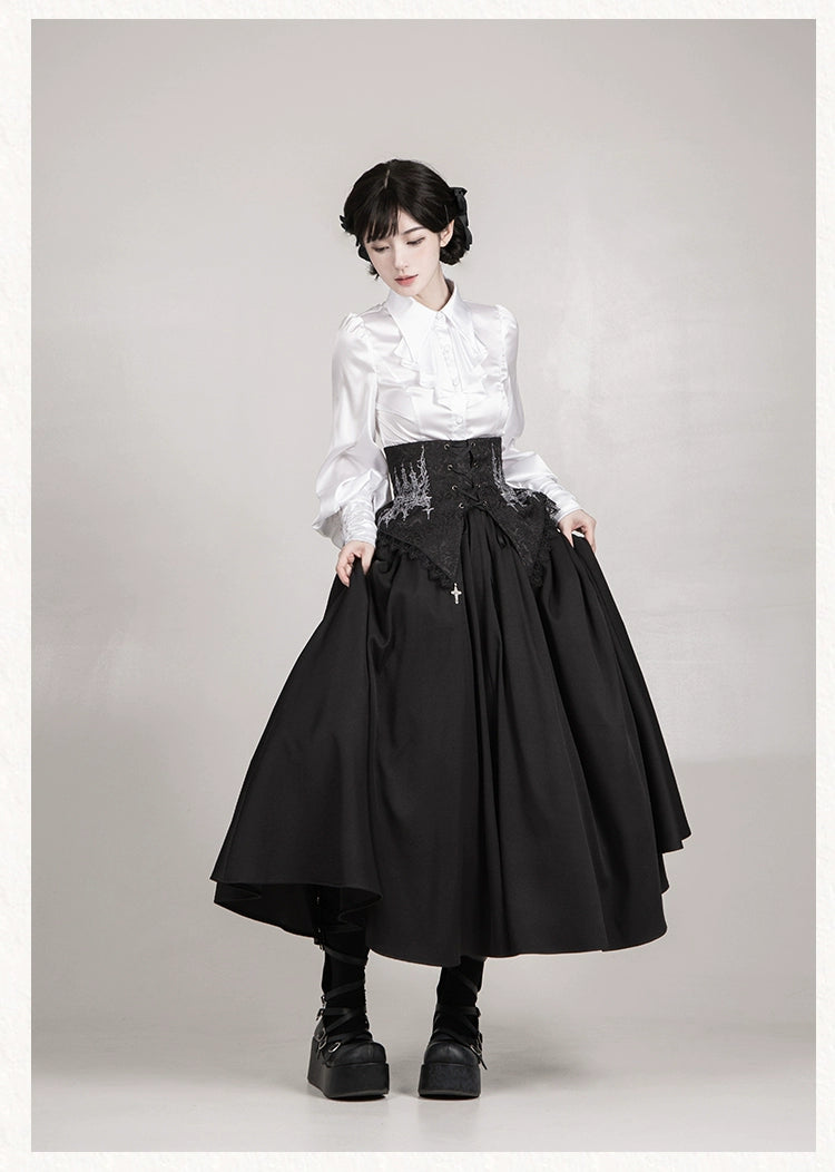 With PUJI - Thorn Night - Gothic Lolita Satin Shirt Solid Color Fake Two-Piece Blouse