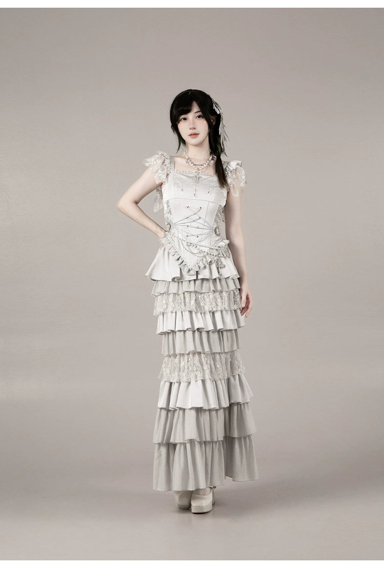 With PUJI - Letter and Poetry · Humanoid Robot - Silver Gothic Lolita Mermaid Skirt Set 43861:787662