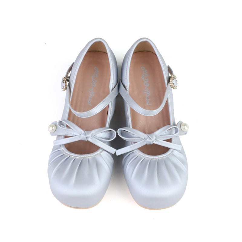 MODO~Glimmer Ballet~Elegant Lolita Shoes Low Chunky Ballet Round-toe Heels Blue 35