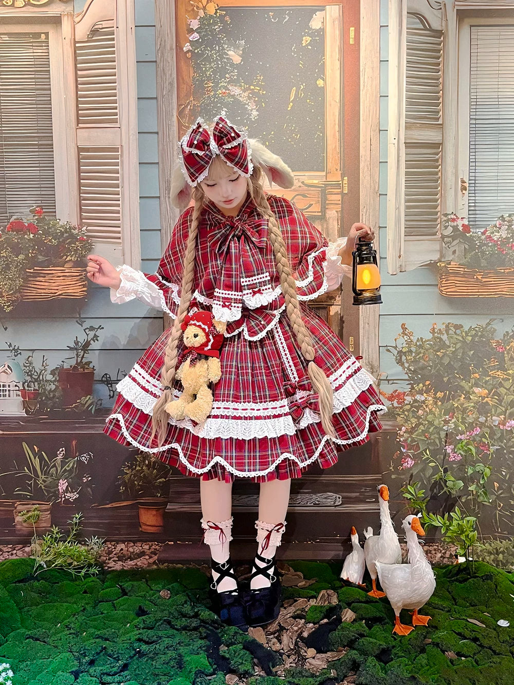 Plaid Petal Bunny - Old School Lolita Bunny Ear Cape, Lace-trimmed Petal Hem 45983:870738