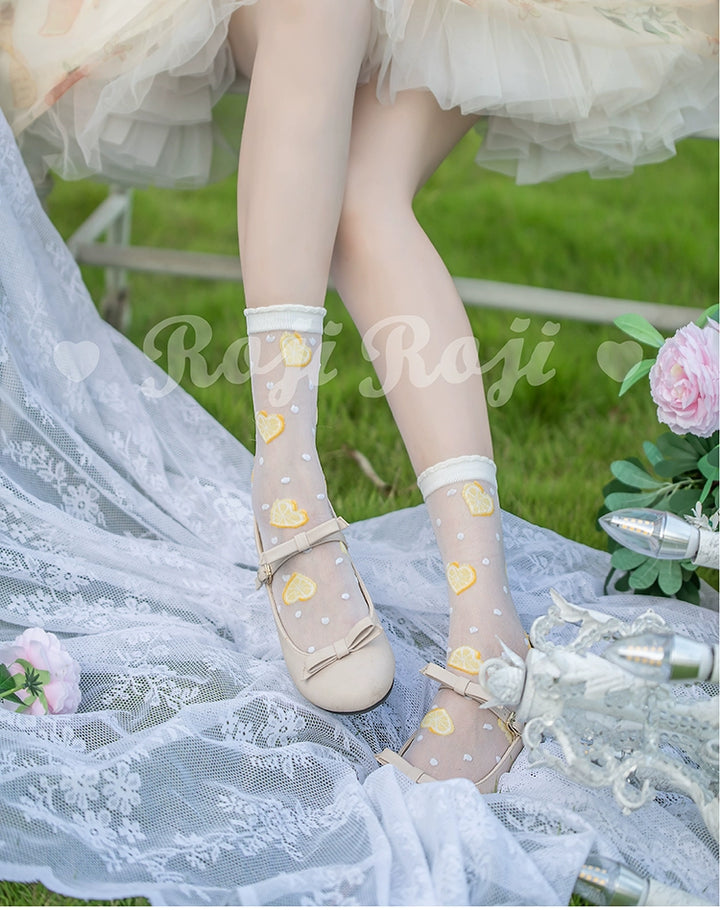 Roji Roji~Heart Beat Lemon~Sweet Lolita Socks Summer Thin Glass Silk Mid-tube Socks   