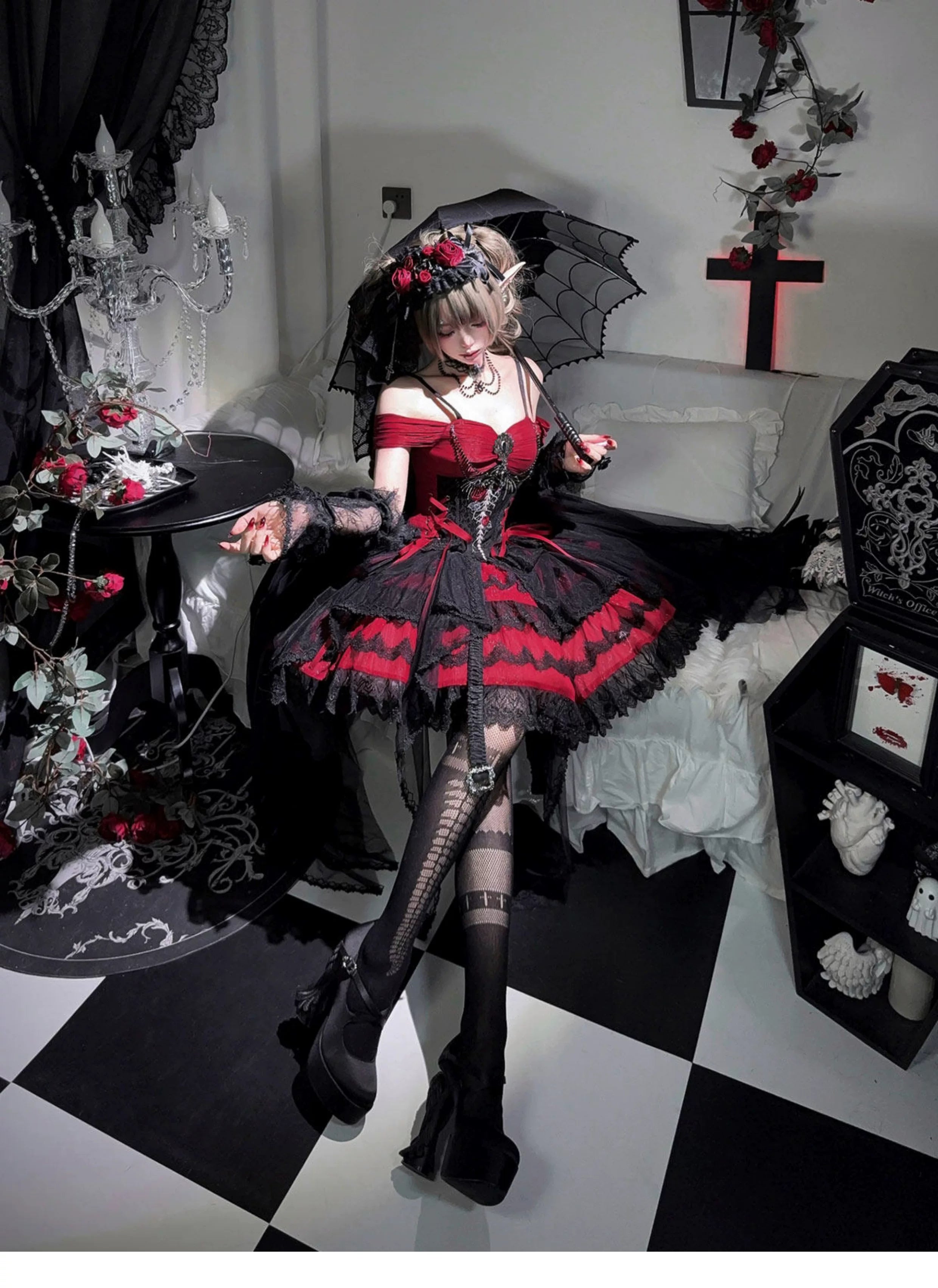 Eternal Thorn of the Dragonbone - Embroidered Gothic Lolita JSK Dress, Off-Shoulder