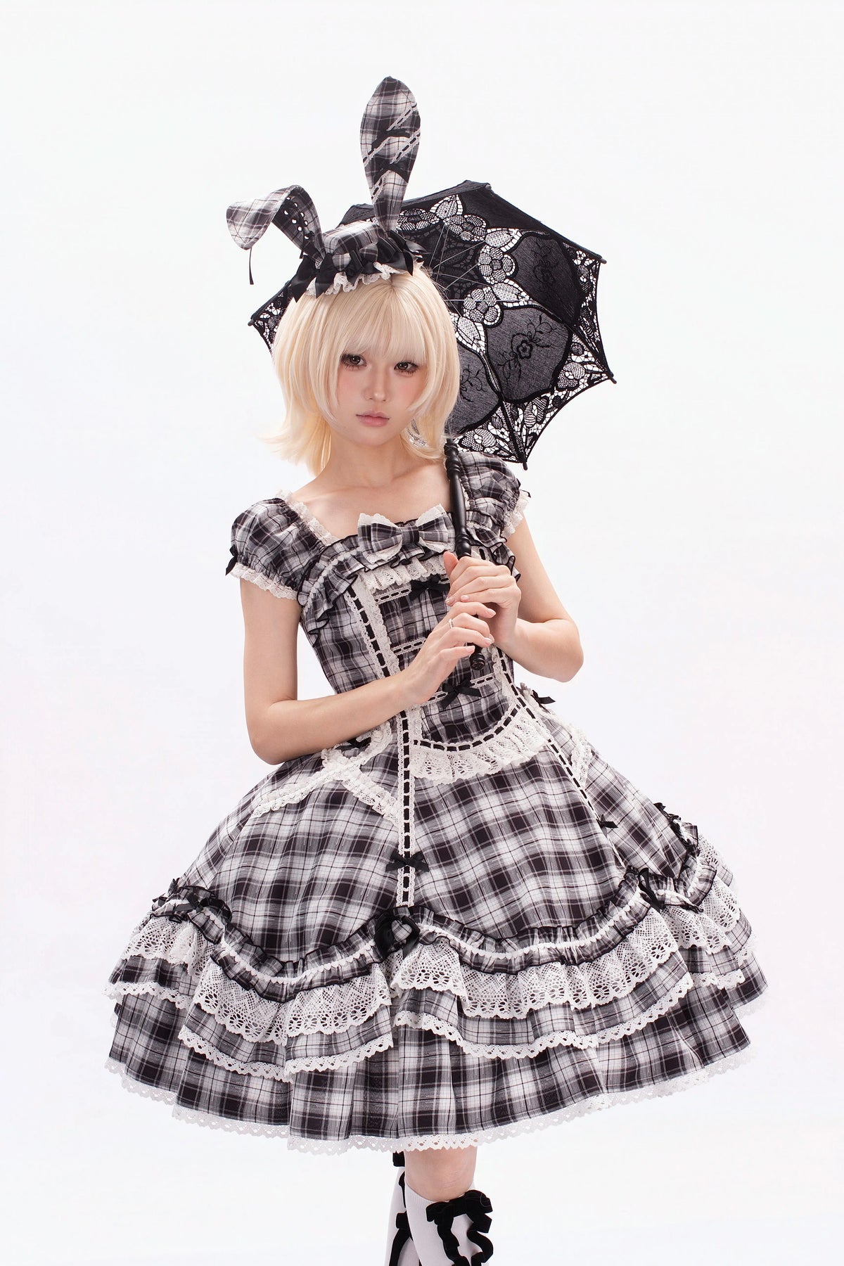 Plaid Lace Bunny - Old School Lolita Plaid OP Dress, Lace Trim 45992:871263