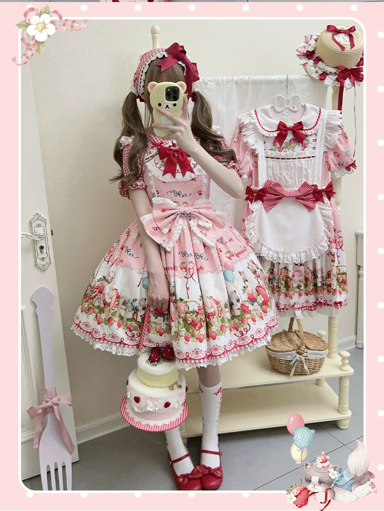 GD Lolita~Cat Strawberry Garden~Sweet Lolita Dress High Waist JSK Strawberry Print OP