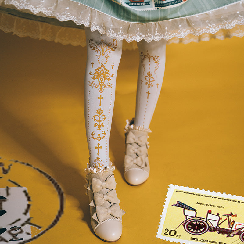 Wulala Mew~Elegant Lolita Pantyhose Daily Gold Stamping Tights   