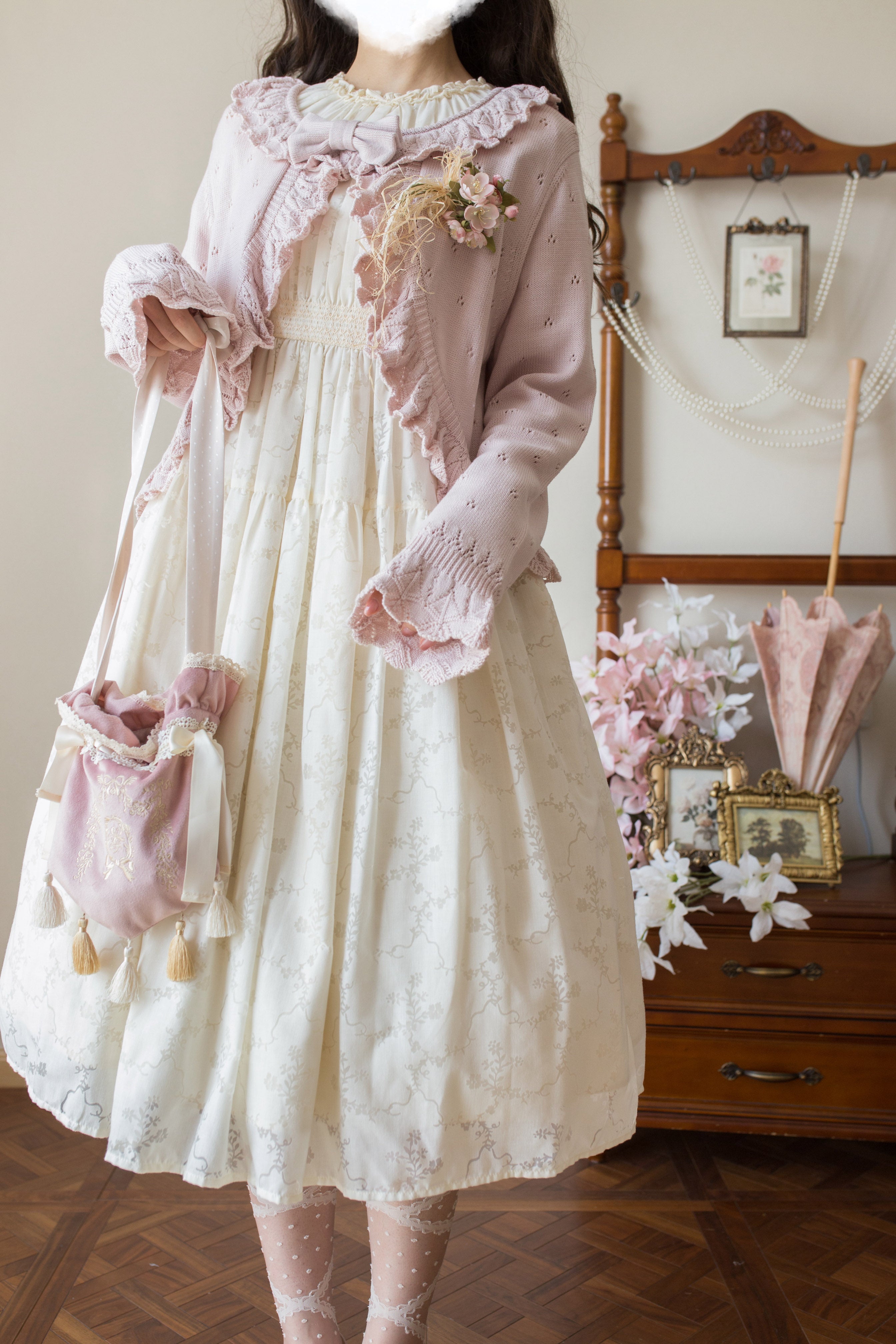 MIST - Nainai - Vintage Lolita Knitted Cardigan Dark Pink S
