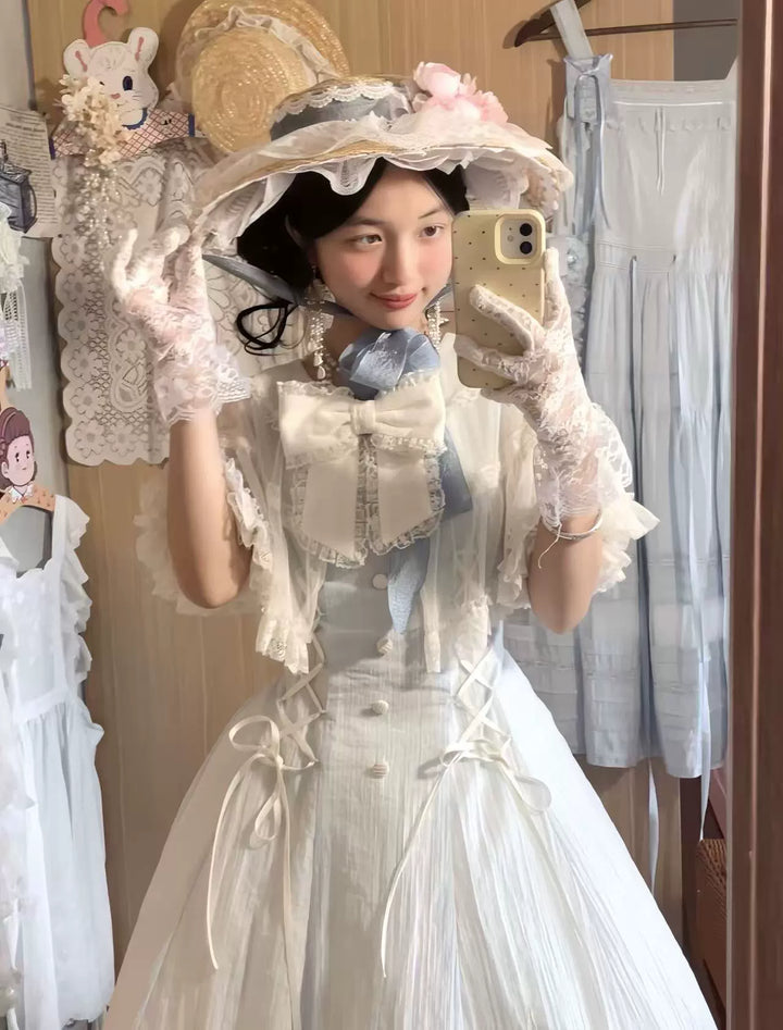Kuma~Little Wind Chime~Elegant Lolita OP Water Blue Dress With Decorative Tulle Cape