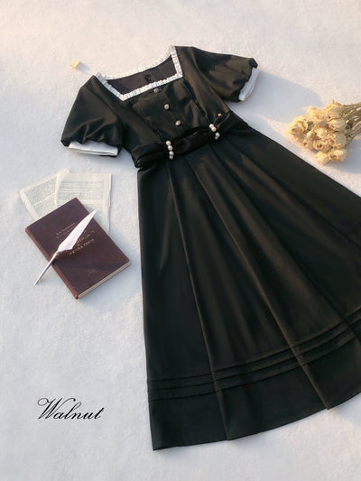 (BFM)HuTaoMuJK~Thoughts~Vintage Lolita OP Dress Square Neckline Black Lolita Dress S Black dress without the waist tie- daily pleated style 