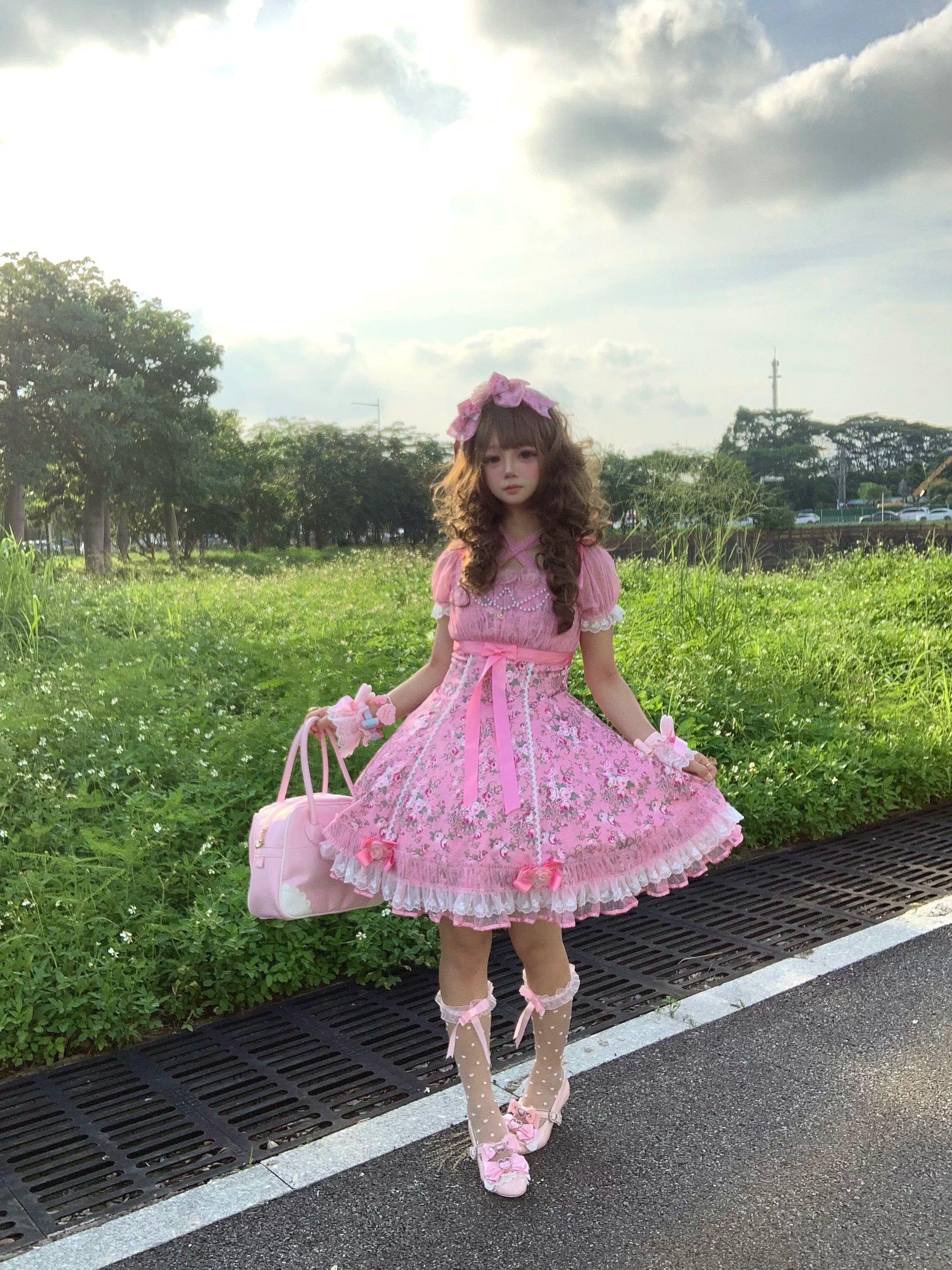 Crimson Poem - Old School Lolita Six-Panel Cut Floral Printed OP Dress 45550:852953