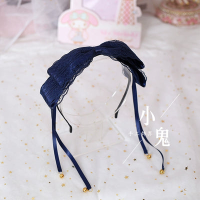 (BFM)Xiaogui~Kawaii Lolita Bell KC Lace Bow Hair Accessory dark blue lace bell-tassel headband  