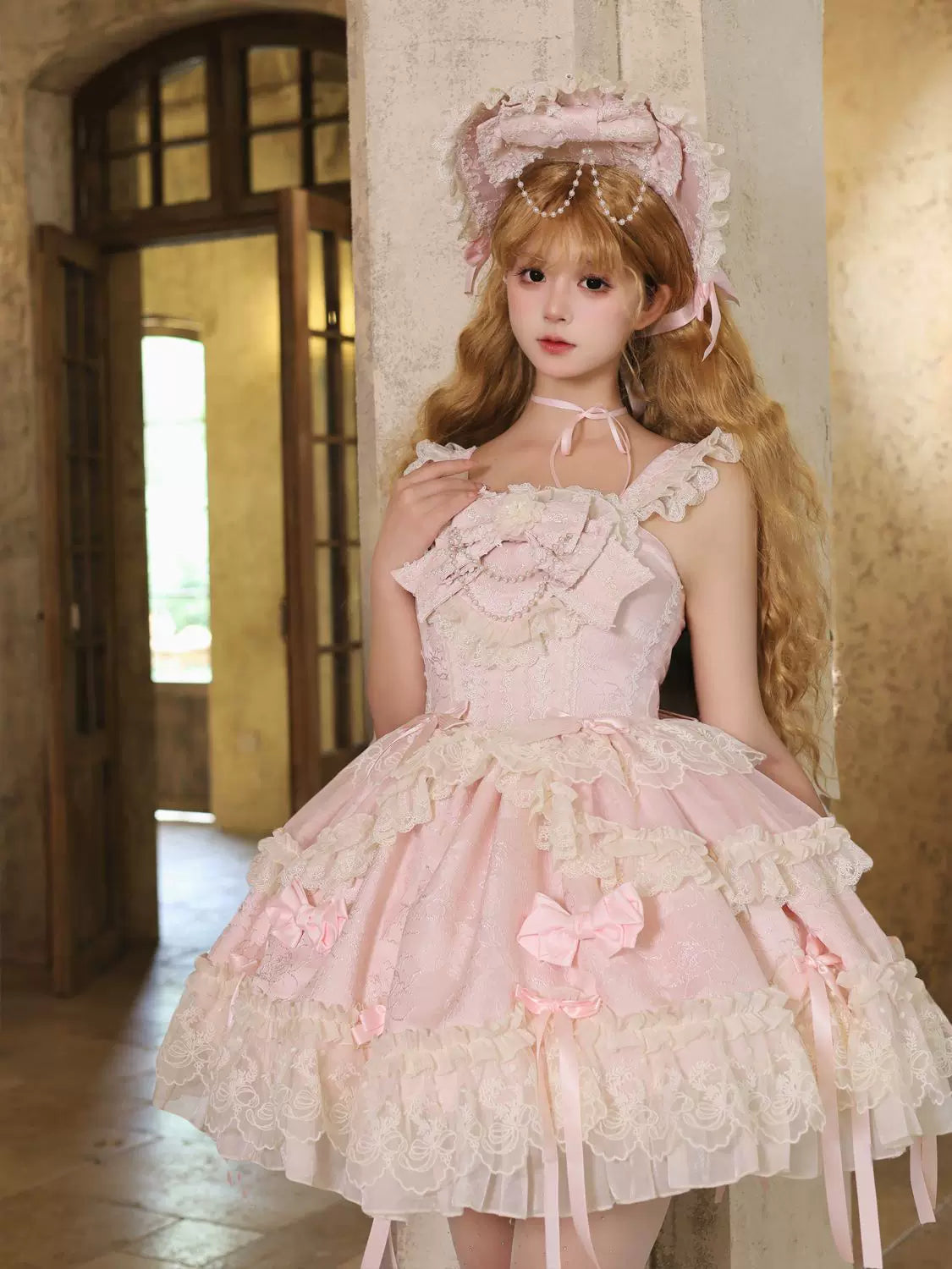 Blooming Love - Ballet-inspired Sweet Lolita JSK Dress, Lace & Bows Pink - JSK + BNT S