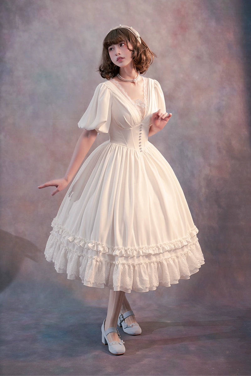 Fantastic Wind~Iris Covenant~Vintage Lolita Dress Elegant OP Dress S White 