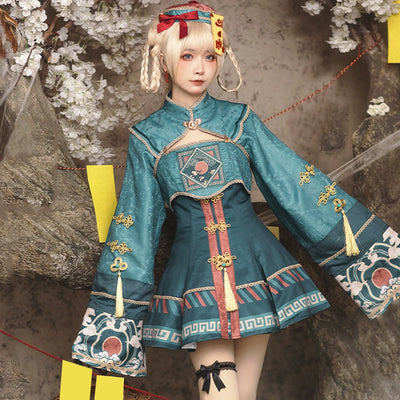 Sakurahime~Kawaii Lolita Blue-green Sun Embroidery JSK Dress Set   