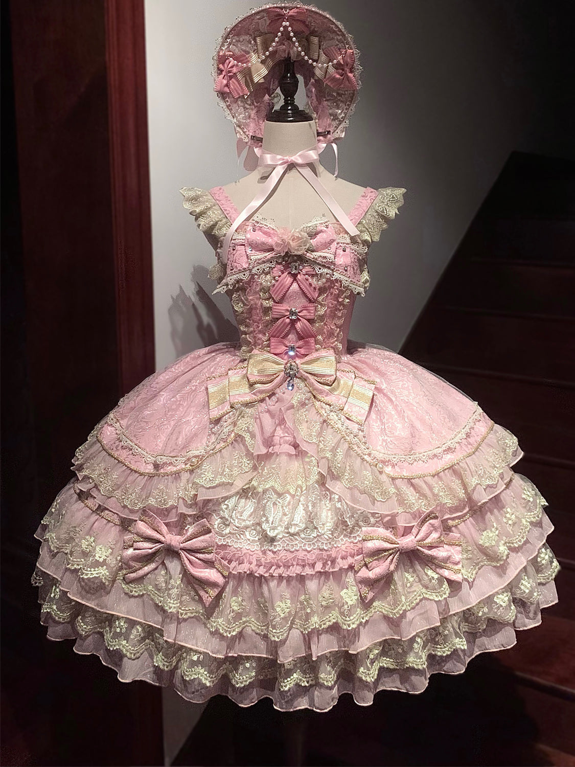 Hanguliang - Gem Crown - Sweet Lolita JSK Suit Tiered Ruffles Doll-Like Dress and BNT Pink JSK Only S