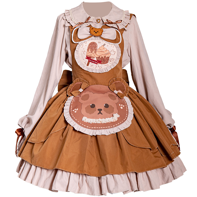 OCELOT~Sweet Lolita JSK Cute Bear Lolita Dress Set JSK+Blouse+KC+Apron S