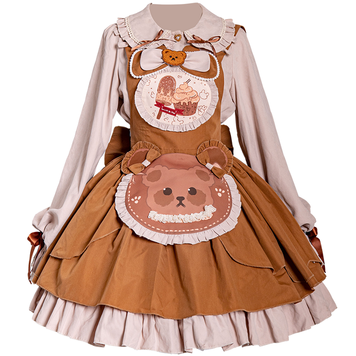 OCELOT~Sweet Lolita JSK Cute Bear Lolita Dress Set JSK+Blouse+KC+Apron S