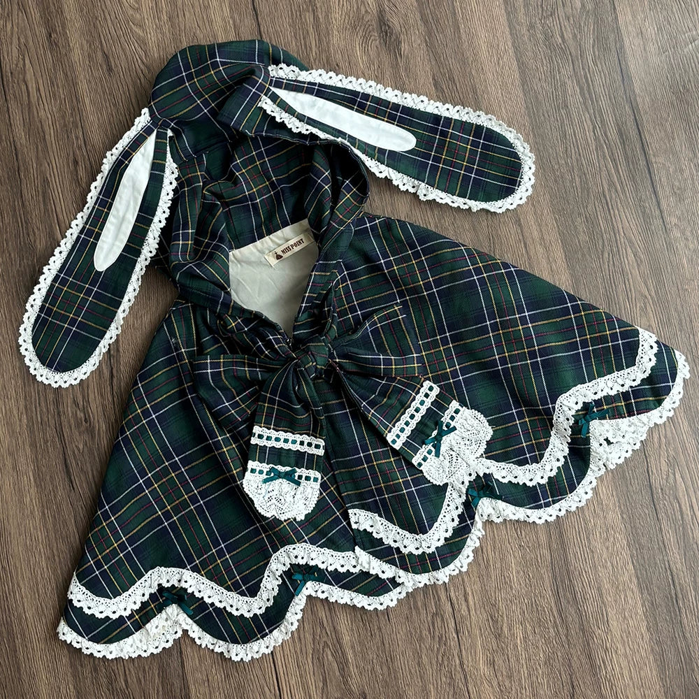Plaid Petal Bunny - Old School Lolita Bunny Ear Cape, Lace-trimmed Petal Hem 45983:870726