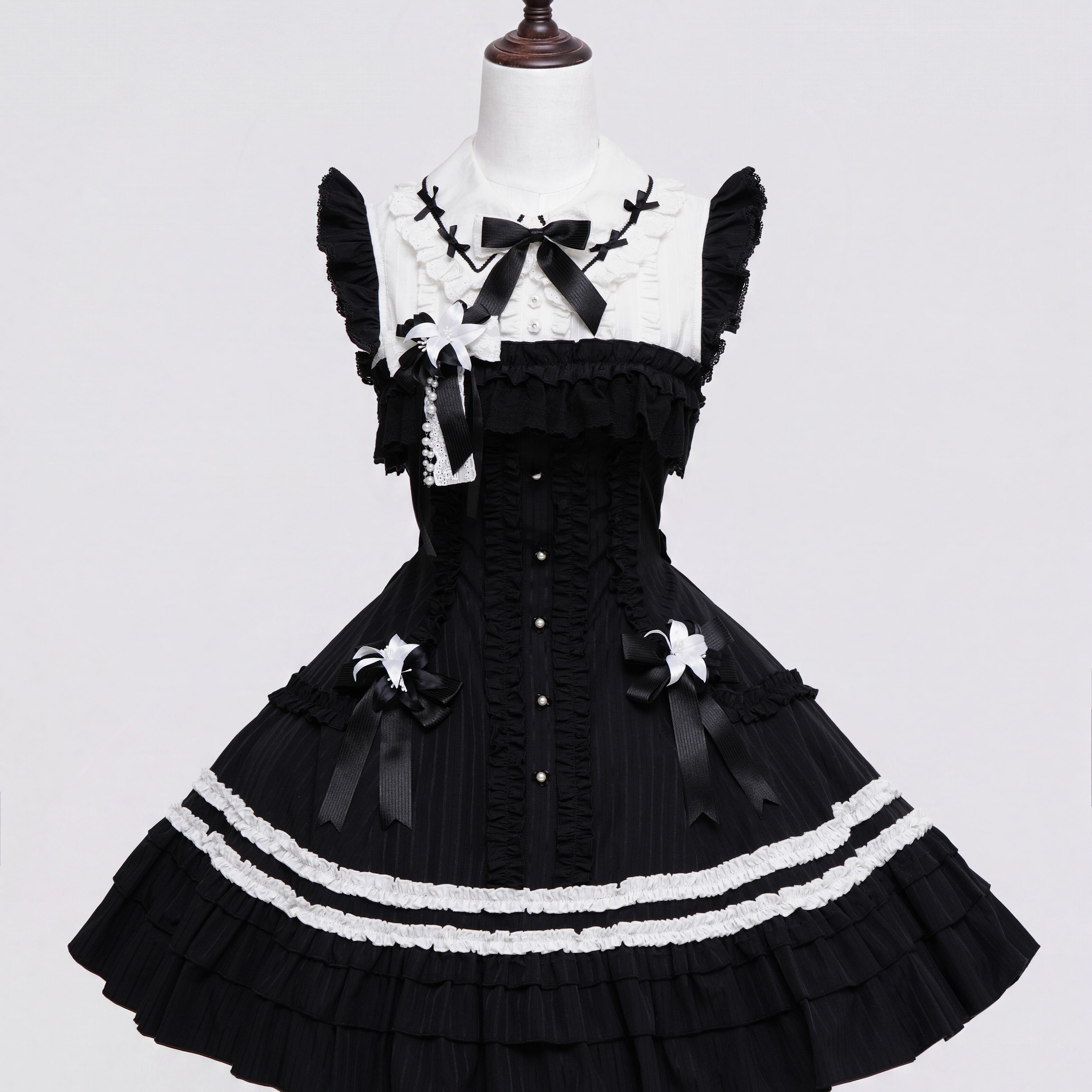 Lily Doll - Gothic Lolita Black White Contrast JSK Dress with Ruffles 45662:857326