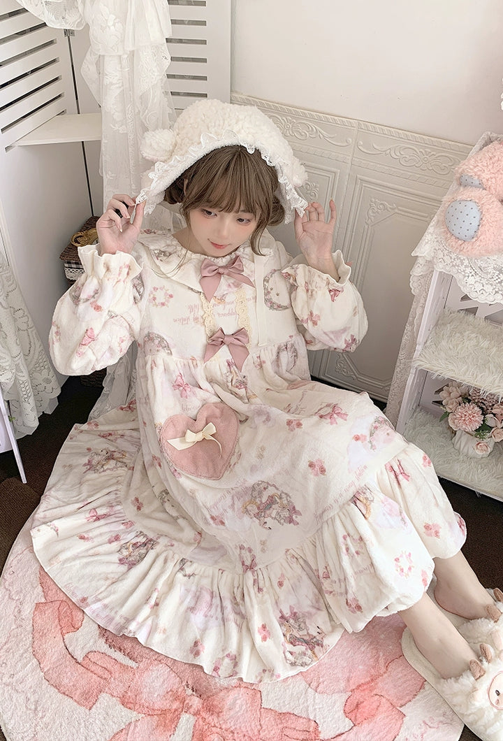 Baduoni~Starry With Moon~Winter Sweet Lolita Nightgown Dress Flannel Dree with Pants