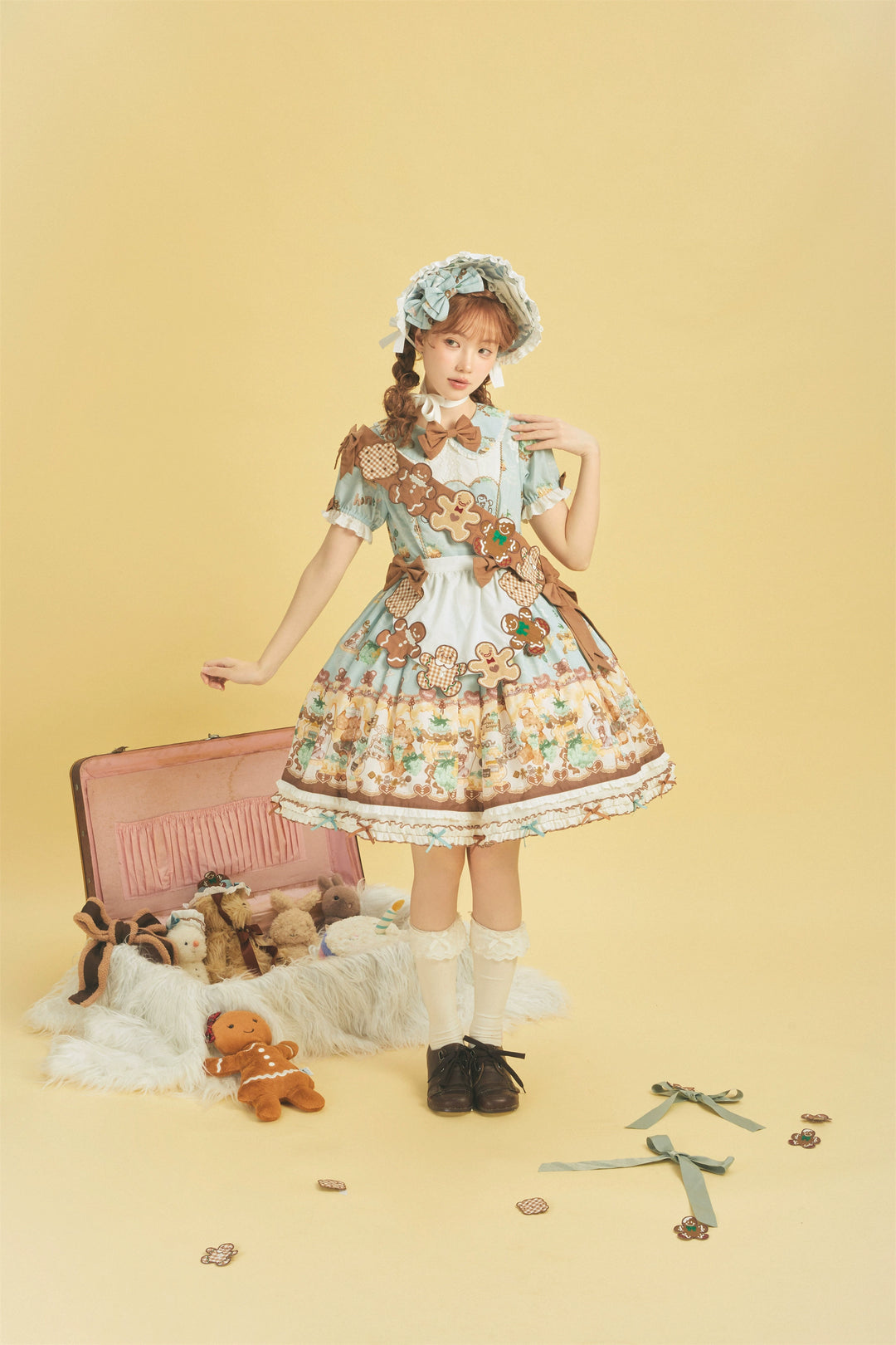 Babyblue~Little Bear Honey Jar~Kawaii Lolita Short Sleeve OP Gingerbread Man Embroidered Dress