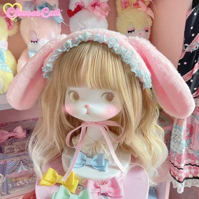 (Buyforme)Cheese Cat~Fluffy Lop-Eared Bunny Sweet Lolita Hairband pink blue hairband- without bow  