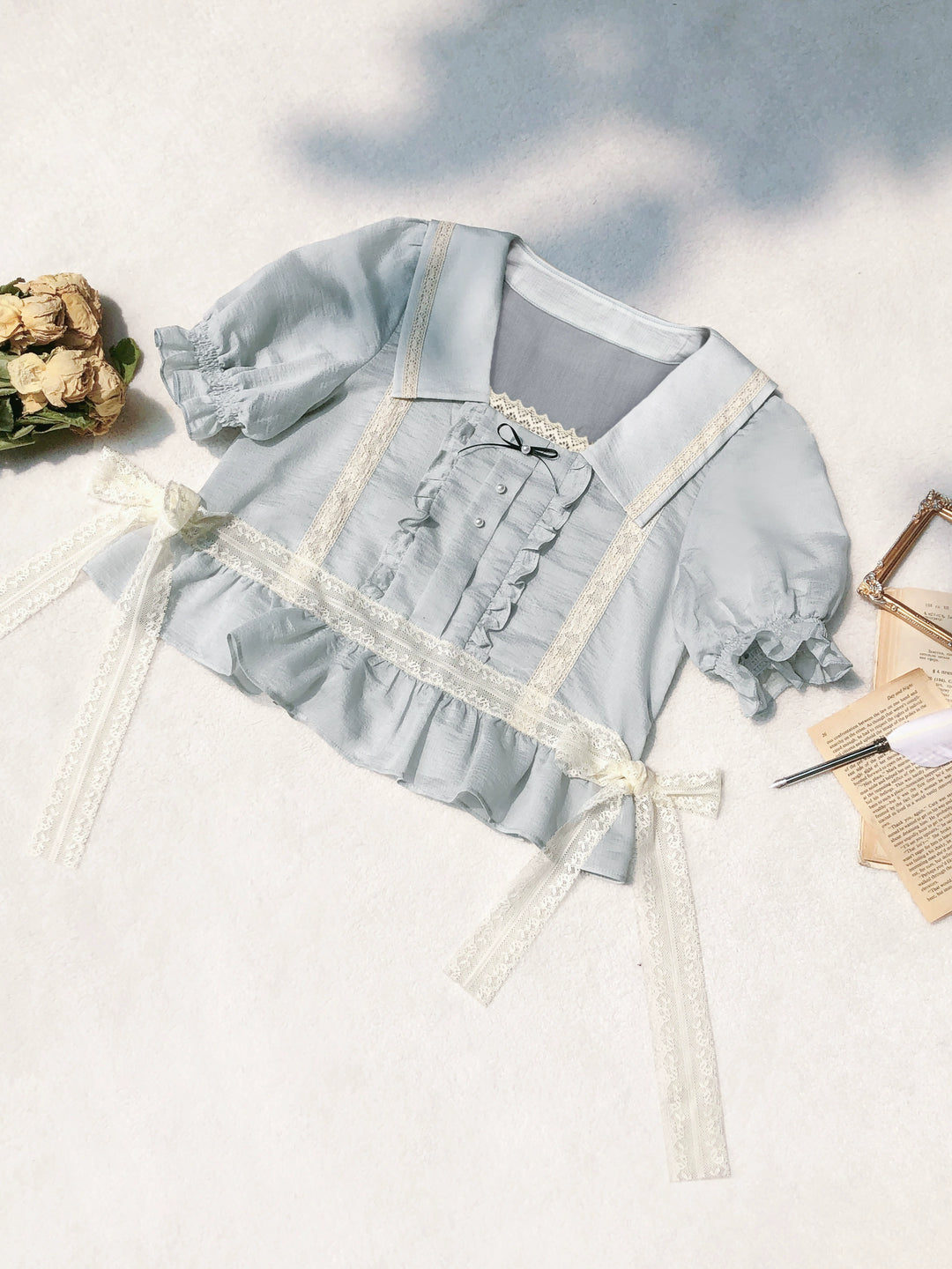 HuTaoMuJK~Iris Memoirs~Retro Lolita Skirt and Navy Collar Short Sleeve Shirt Set S short sleeve shirt 