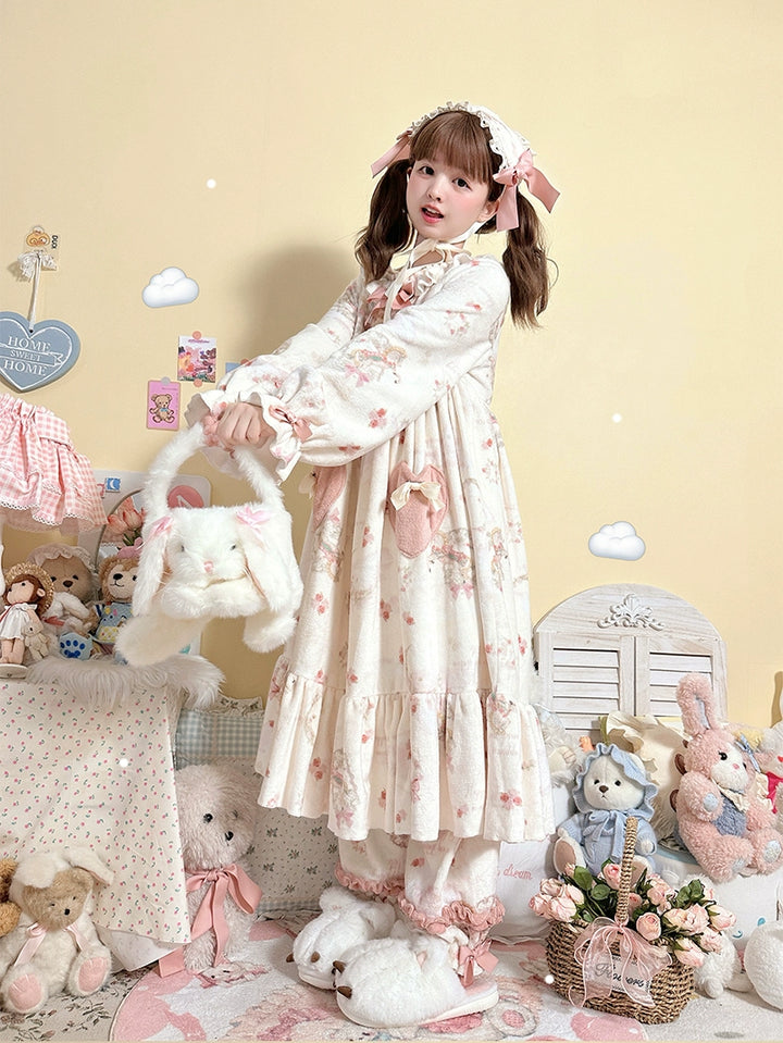 Baduoni~Starry With Moon~Winter Sweet Lolita Nightgown Dress Flannel Dree with Pants