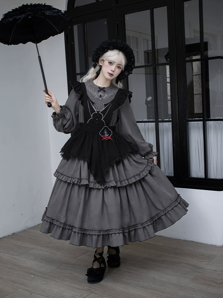 With PUJI~Castle Night~Gothic Twins Lolita OP Three-tiered Embroidery Dress