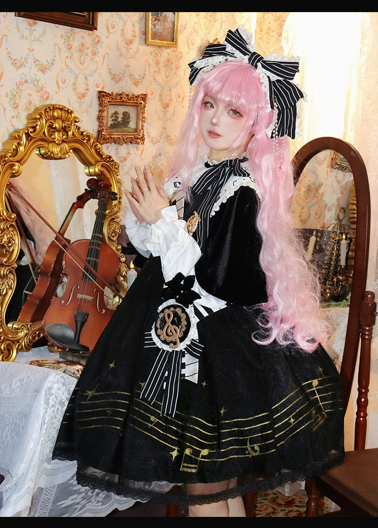 Forest Fluorescent Carps~Black and White Sonata~Ouji Lolita Vest Suit and Vintage Lolita OP Dress 42067:724866