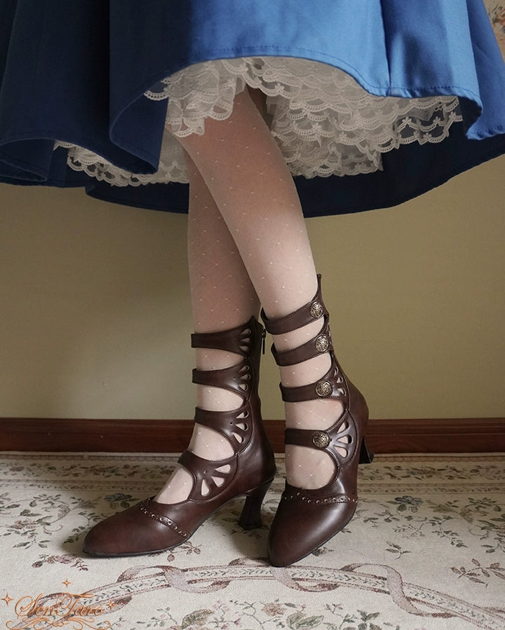 Sentaro~Floral Carved~Vintage Lolita Shoes Mary Jane Hollow-out Ankle Boots (33 34 35 36 37 38 39 40 41 42) 41822:714920