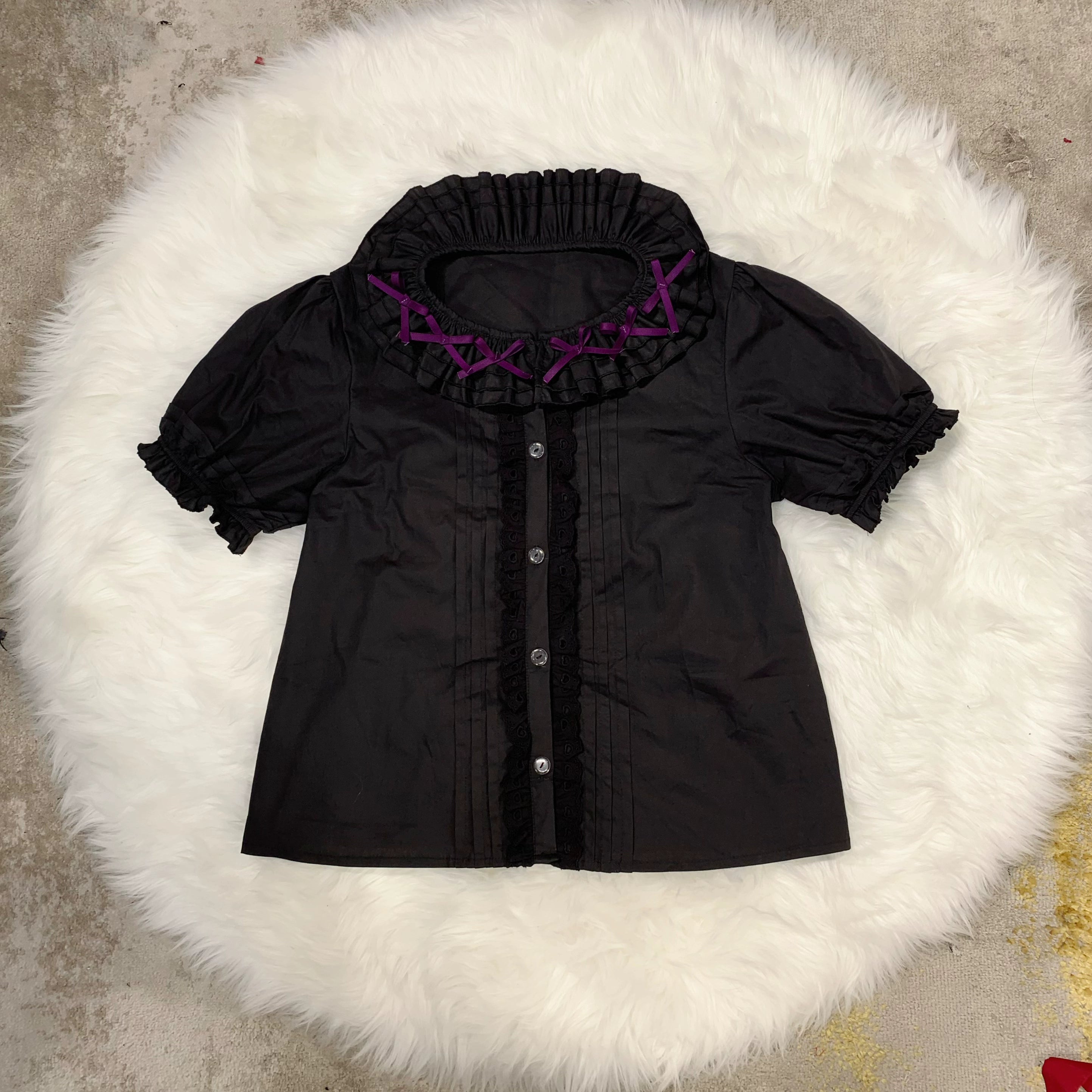 Chubby Cat Diary - Plus Size Sweet Lolita Shirt, Detachable Sleeves Black and Purple - Shirt Only S