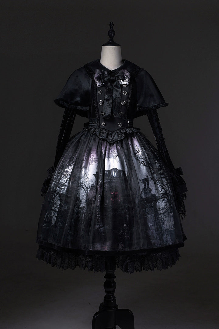 LilithHouse~Horror House~Gothic Lolita OP Set with Cape and Castle Print (L M S XL XS) 42156:729032