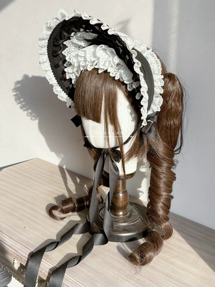 MAID~Elegant Lolita Bonnet Black and White Lolita Hat   