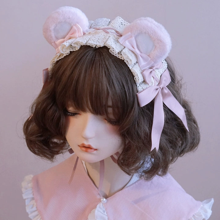(BFM)Besozealous~Handmade Lolita KC Animal Ear Coffee Hairband 6 Pink and White Bear Ear Hairdband  
