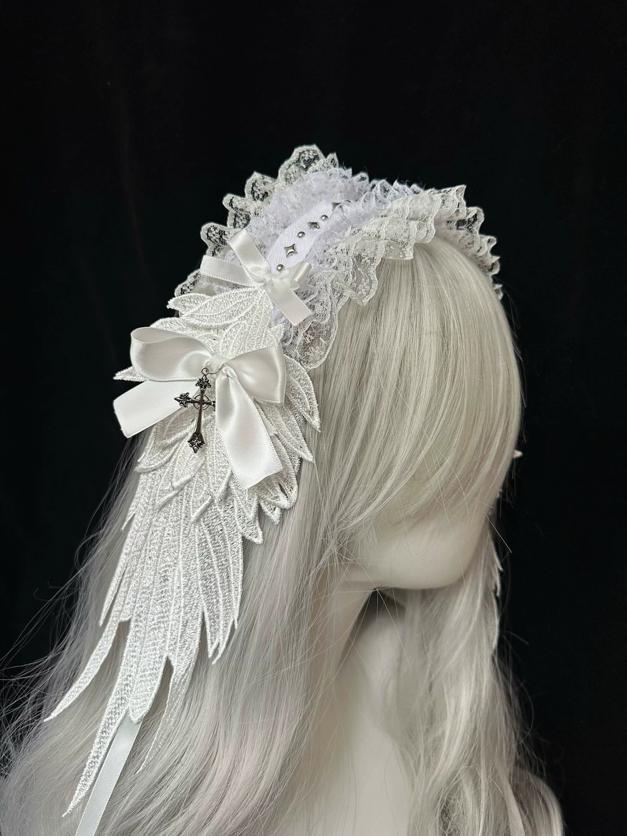 Lace Gothic Lolita Hairband, Feather Decoration White Feather Hairband - Star Decor