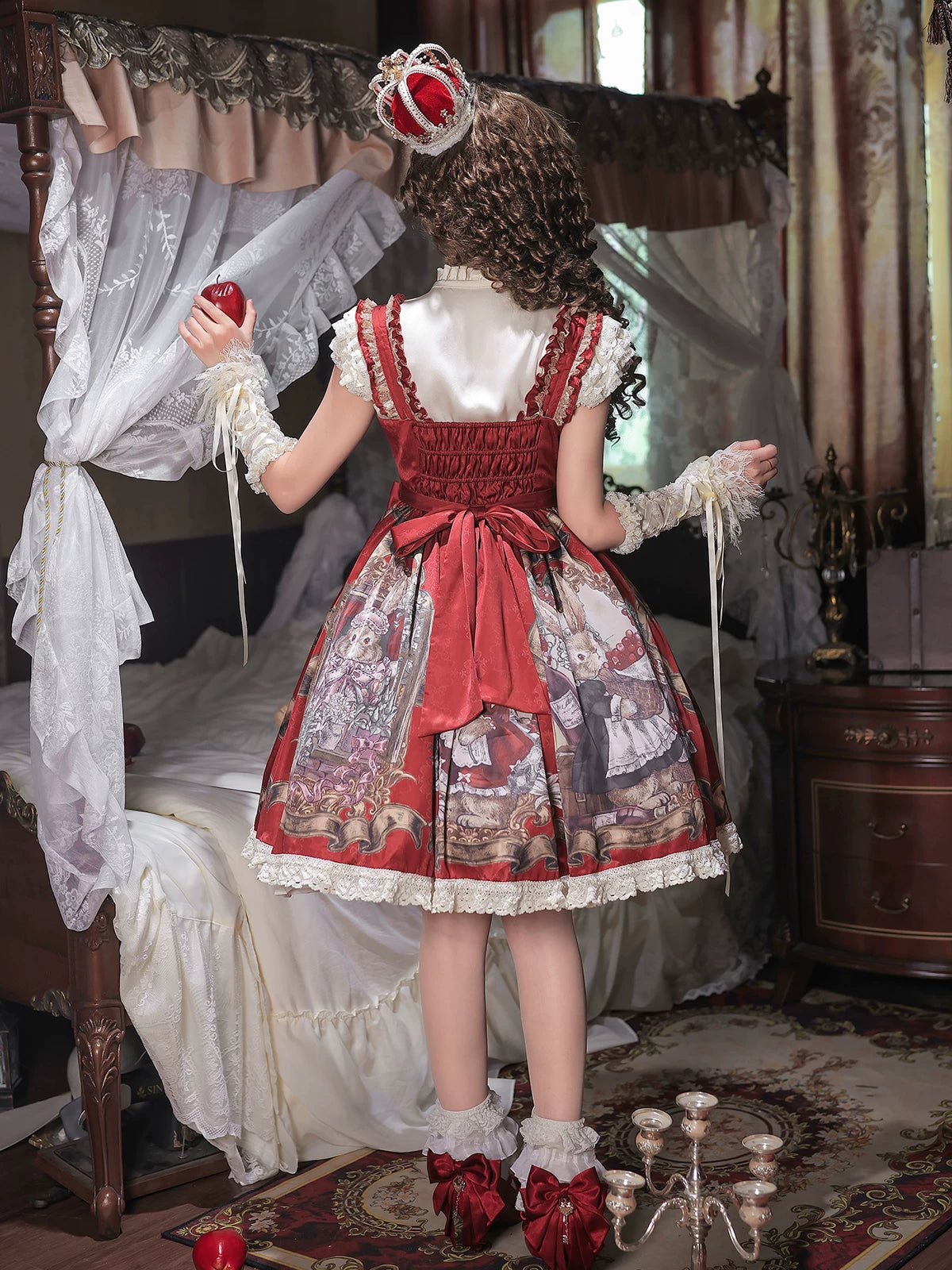 Mysterious Ribe - Red Classic Lolita Jumper Skirt & Blouse Set, Rabbit Print 45968:870059