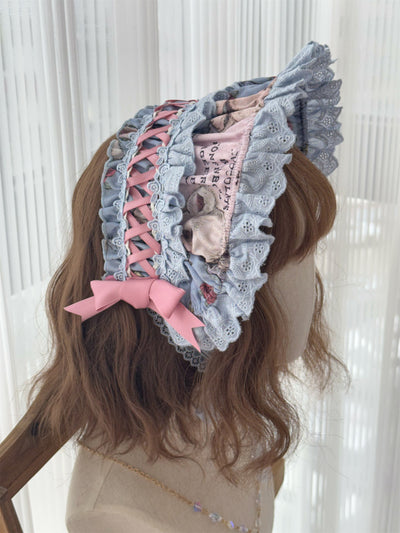 Babyblue~Vintage Lolita Bonnet Hair Band Kawaii Headdress Sea Salt Blue/Bonnet  