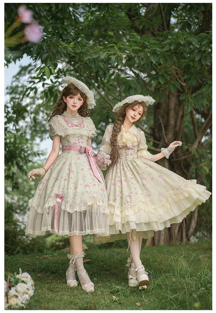 Wind Swept Roses - Classic Lolita Rose Printed Dress Set, Petal Hem
