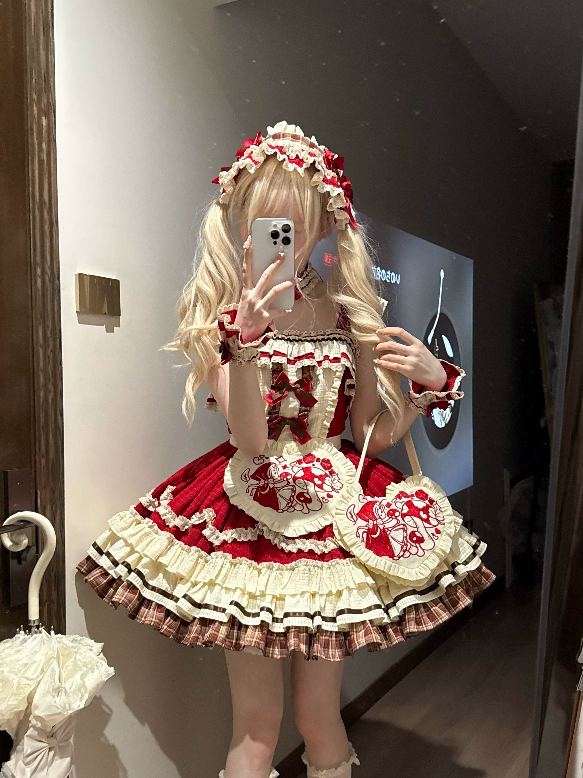 Xiao Ai Qu - Little Red Cloak - Sweet Lolita JSK Set, Rabbit Ear Cape 44348:805015