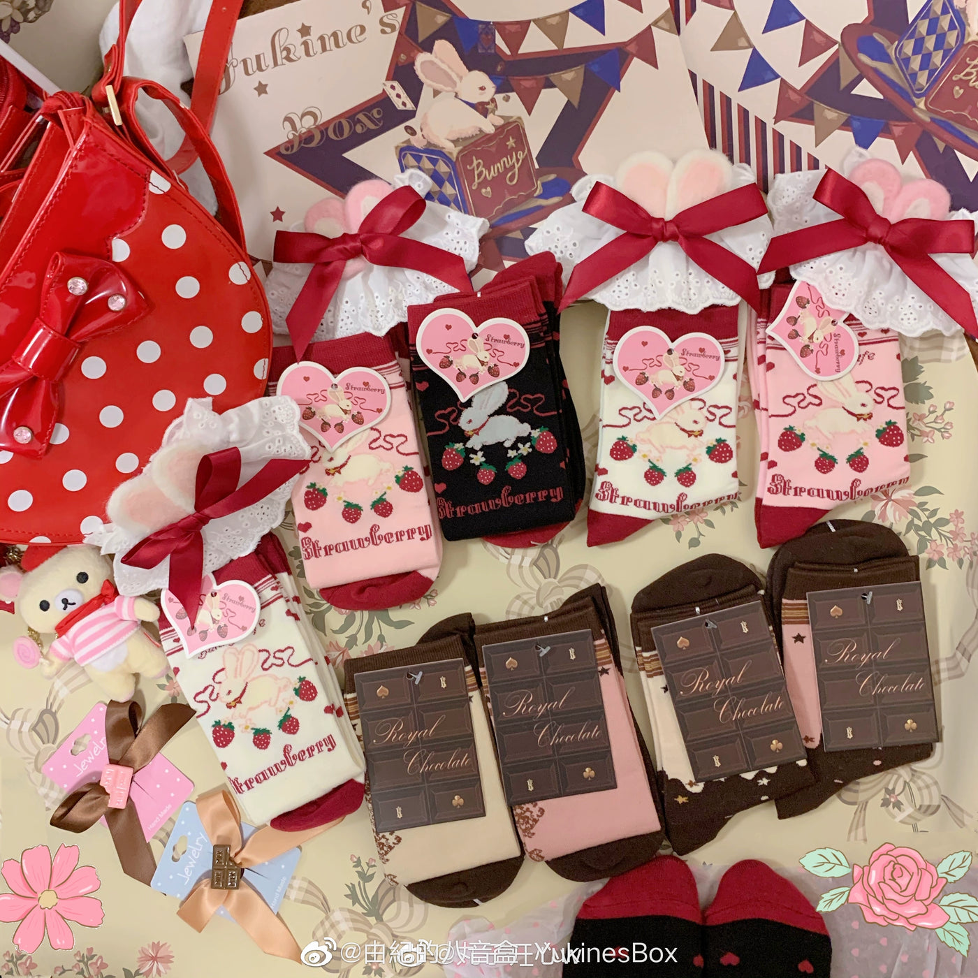 Yukines Box~Kawaii Lolita Strawberry Bunny Print Socks   